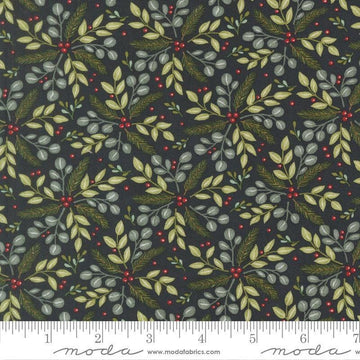 Image of When Snow Falls Winter Greenery Night Sky quilting cotton fabric by Deb Strain for Moda Fabrics. Features leaves on a blue background. Cute Little Fabric Shop.