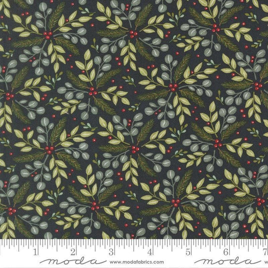 Image of When Snow Falls Winter Greenery Night Sky quilting cotton fabric by Deb Strain for Moda Fabrics. Features leaves on a blue background. Cute Little Fabric Shop.