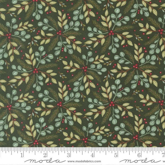Image of When Snow Falls Winter Greenery Holly quilting cotton fabric by Deb Strain for Moda Fabrics. Features leaves on a green background. Cute Little Fabric Shop.