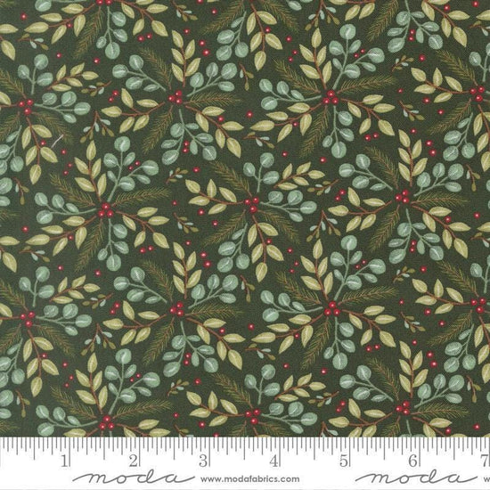 Image of When Snow Falls Winter Greenery Holly quilting cotton fabric by Deb Strain for Moda Fabrics. Features leaves on a green background. Cute Little Fabric Shop.