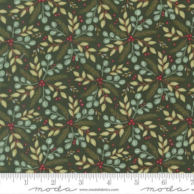 Image of When Snow Falls Winter Greenery Holly quilting cotton fabric by Deb Strain for Moda Fabrics. Features leaves on a green background. Cute Little Fabric Shop.