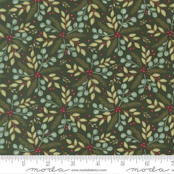 Image of When Snow Falls Winter Greenery Holly quilting cotton fabric by Deb Strain for Moda Fabrics. Features leaves on a green background. Cute Little Fabric Shop.