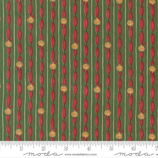 Image of When Snow Falls Jingle Bell Stripes Evergreen quilting cotton fabric by Deb Strain for Moda Fabrics. Features stripes on a green and red background. Cute Little Fabric Shop.