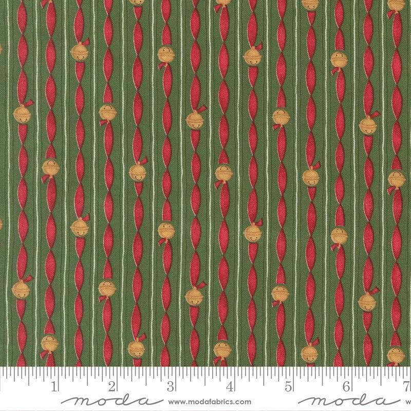 Image of When Snow Falls Jingle Bell Stripes Evergreen quilting cotton fabric by Deb Strain for Moda Fabrics. Features stripes on a green and red background. Cute Little Fabric Shop.