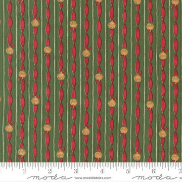 Image of When Snow Falls Jingle Bell Stripes Evergreen quilting cotton fabric by Deb Strain for Moda Fabrics. Features stripes on a green and red background. Cute Little Fabric Shop.