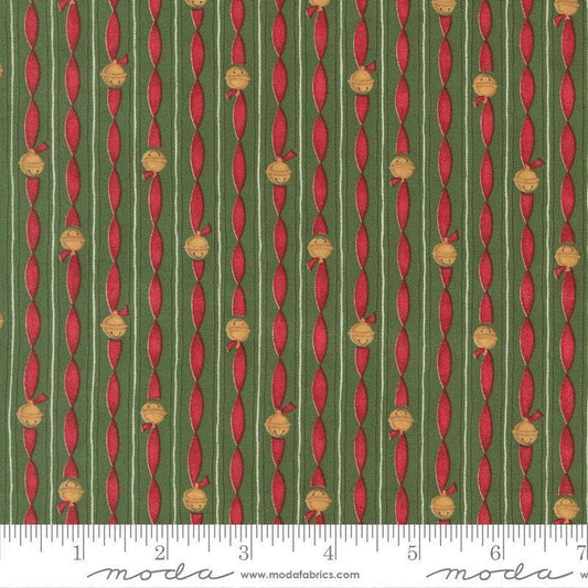 Image of When Snow Falls Jingle Bell Stripes Evergreen quilting cotton fabric by Deb Strain for Moda Fabrics. Features stripes on a green and red background. Cute Little Fabric Shop.