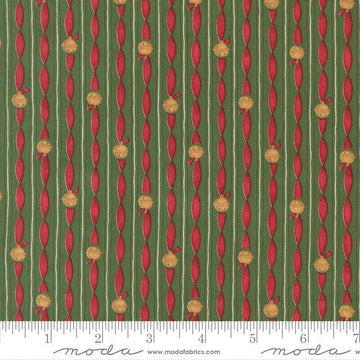 Image of When Snow Falls Jingle Bell Stripes Evergreen quilting cotton fabric by Deb Strain for Moda Fabrics. Features stripes on a green and red background. Cute Little Fabric Shop.
