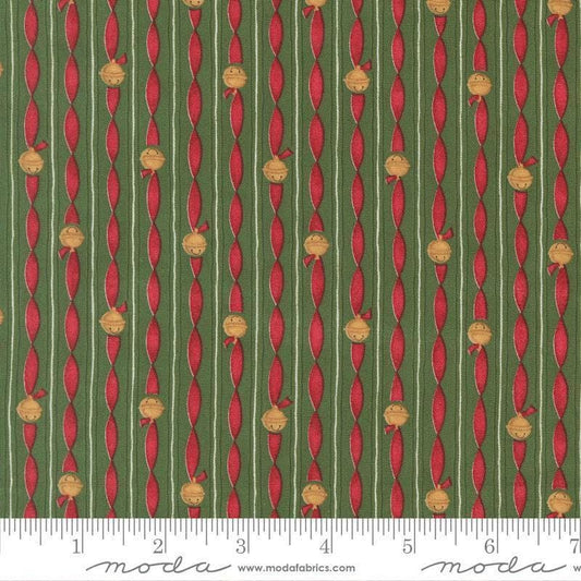 Image of When Snow Falls Jingle Bell Stripes Evergreen quilting cotton fabric by Deb Strain for Moda Fabrics. Features stripes on a green and red background. Cute Little Fabric Shop.