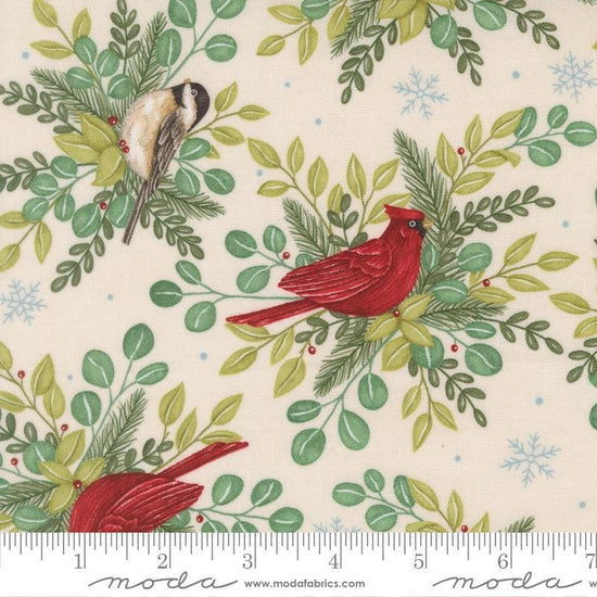 Image of When Snow Falls Winter Birds Snowy White quilting cotton fabric by Deb Strain for Moda Fabrics. Features leaves and birds on a cream background. Cute Little Fabric Shop.