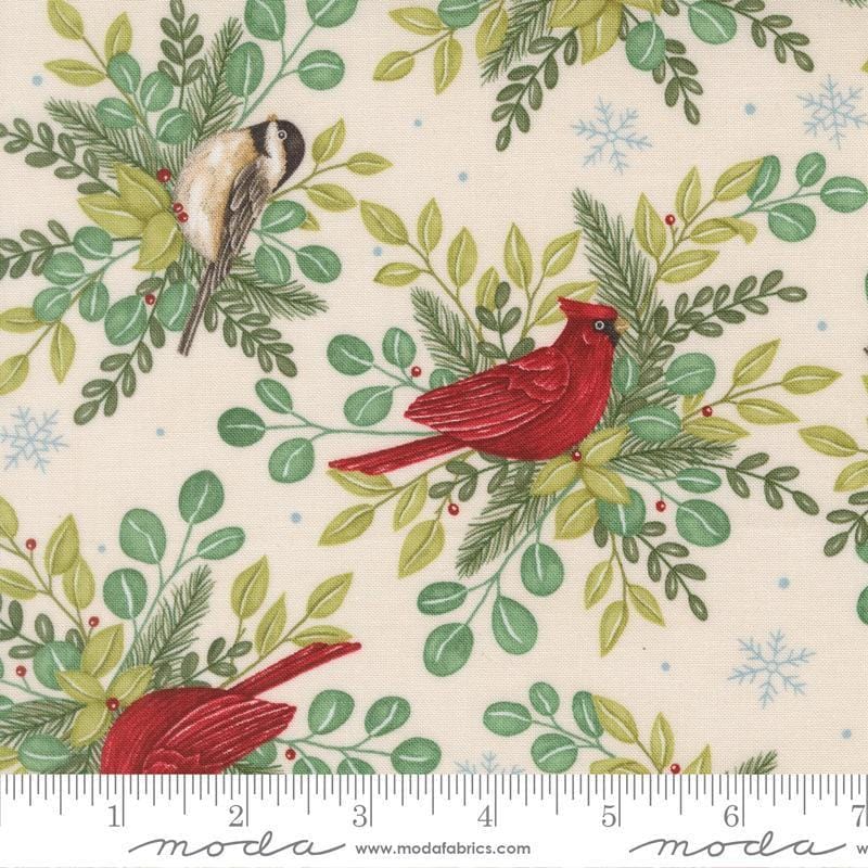 Image of When Snow Falls Winter Birds Snowy White quilting cotton fabric by Deb Strain for Moda Fabrics. Features leaves and birds on a cream background. Cute Little Fabric Shop.