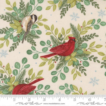 Image of When Snow Falls Winter Birds Snowy White quilting cotton fabric by Deb Strain for Moda Fabrics. Features leaves and birds on a cream background. Cute Little Fabric Shop.