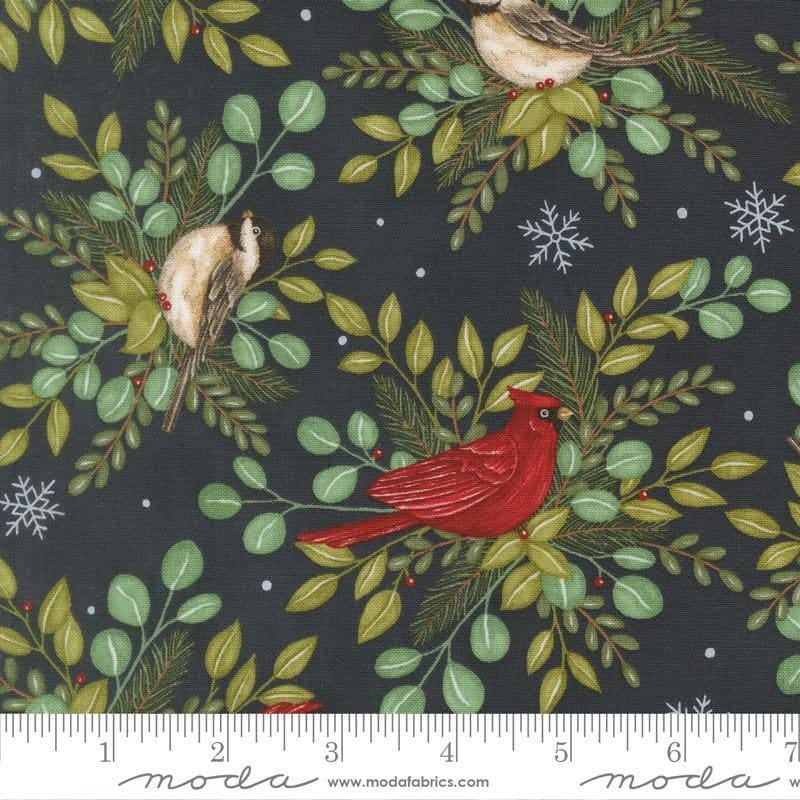 Image of When Snow Falls Winter Birds Night Sky quilting cotton fabric by Deb Strain for Moda Fabrics. Features birds and leaves on a blue background. Cute Little Fabric Shop.