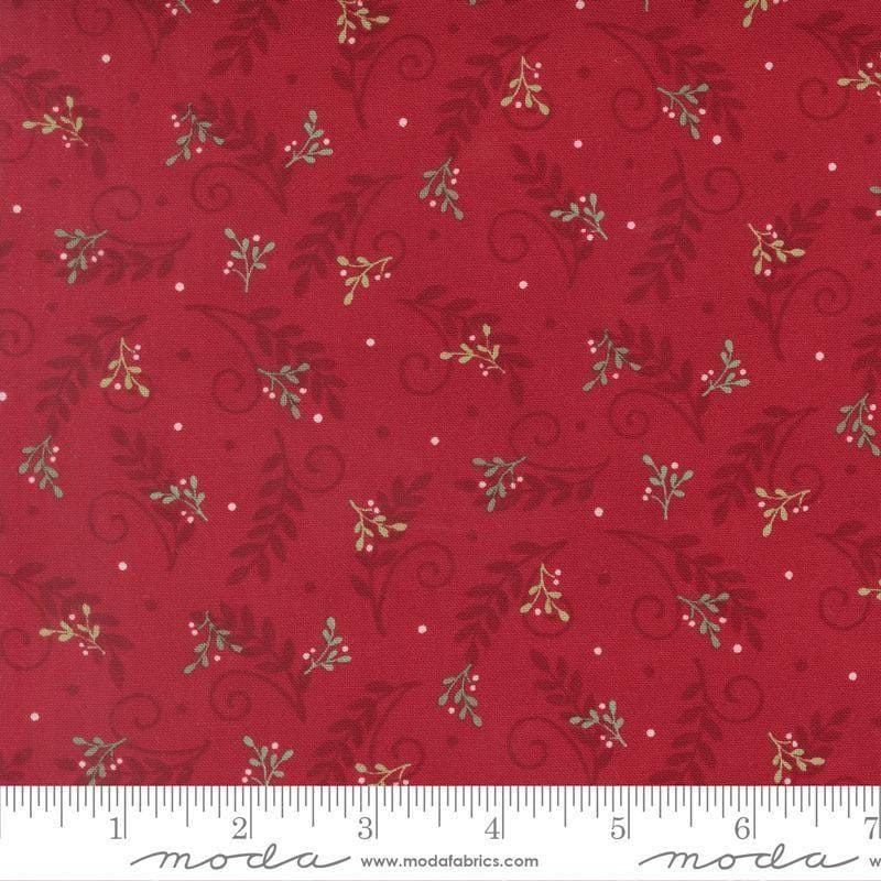 Image of When Snow Falls Tossed Greenery Berry Red quilting cotton fabric by Deb Strain for Moda Fabrics. Features leaves on a red background. Cute Little Fabric Shop.