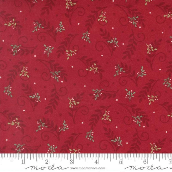 Image of When Snow Falls Tossed Greenery Berry Red quilting cotton fabric by Deb Strain for Moda Fabrics. Features leaves on a red background. Cute Little Fabric Shop.