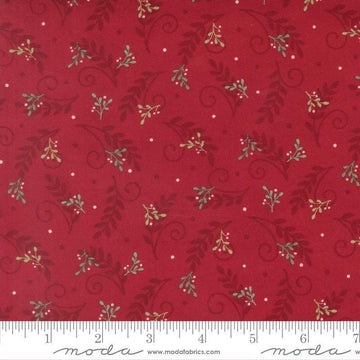 Image of When Snow Falls Tossed Greenery Berry Red quilting cotton fabric by Deb Strain for Moda Fabrics. Features leaves on a red background. Cute Little Fabric Shop.
