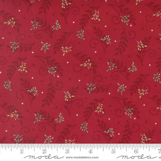 Image of When Snow Falls Tossed Greenery Berry Red quilting cotton fabric by Deb Strain for Moda Fabrics. Features leaves on a red background. Cute Little Fabric Shop.