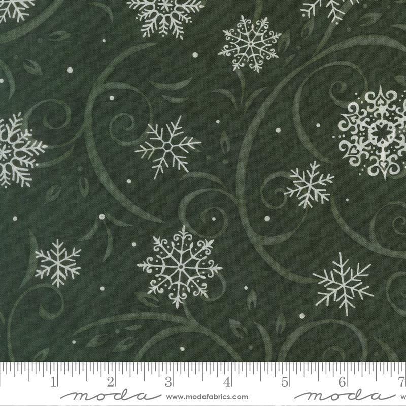 Image of When Snow Falls Swirling Snowflakes Holly quilting cotton fabric by Deb Strain for Moda Fabrics. Features snowflakes and swirls on a black background. Cute Little Fabric Shop.