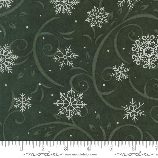 Image of When Snow Falls Swirling Snowflakes Holly quilting cotton fabric by Deb Strain for Moda Fabrics. Features snowflakes and swirls on a black background. Cute Little Fabric Shop.
