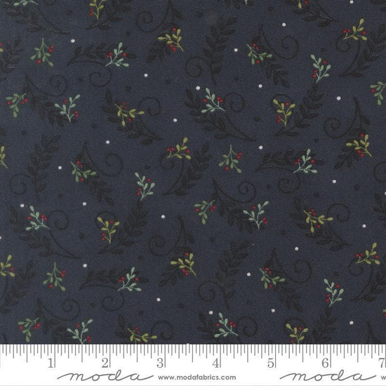 Image of When Snow Falls Tossed Greenery Night Sky quilting cotton fabric by Deb Strain for Moda Fabrics. Features leaves on a blue background. Cute Little Fabric Shop.