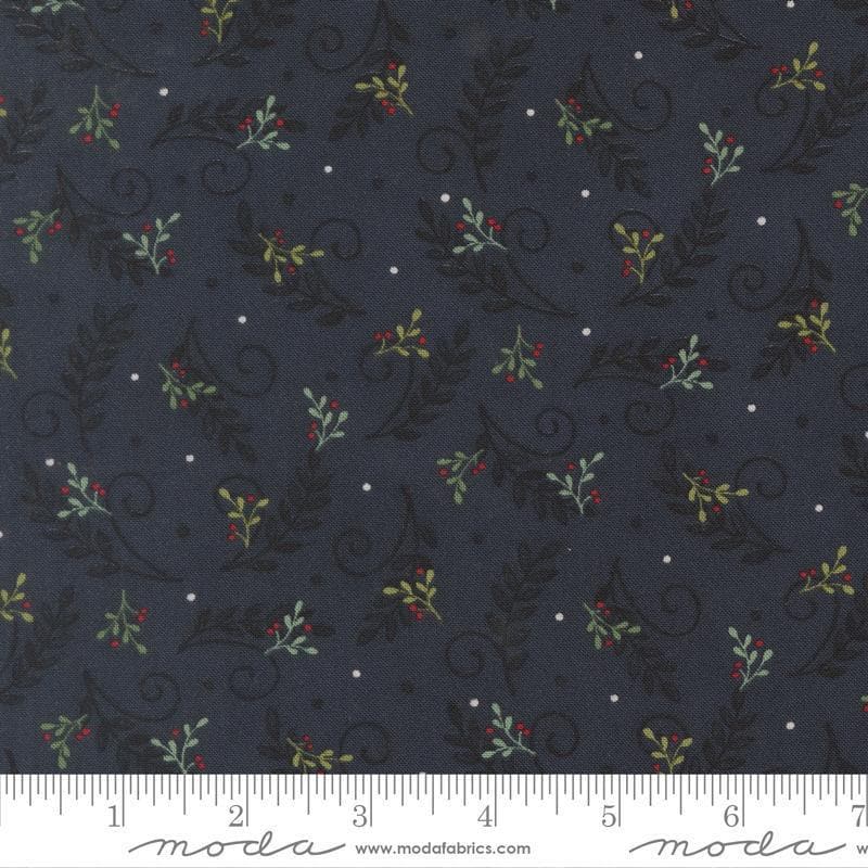 Image of When Snow Falls Tossed Greenery Night Sky quilting cotton fabric by Deb Strain for Moda Fabrics. Features leaves on a blue background. Cute Little Fabric Shop.