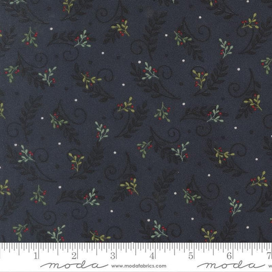 Image of When Snow Falls Tossed Greenery Night Sky quilting cotton fabric by Deb Strain for Moda Fabrics. Features leaves on a blue background. Cute Little Fabric Shop.