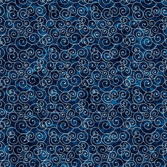 Image of Christmas Party Animals Scroll Navy quilting cotton fabric by Morris Creative Group for QT Fabrics. Features spirals on a blue background. Cute Little Fabric Shop.