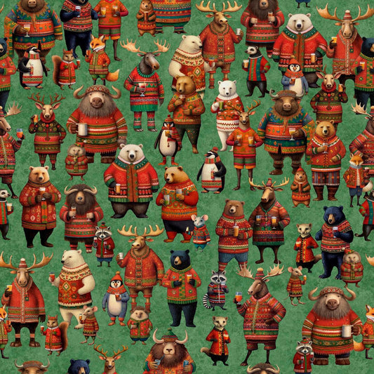 Image of Christmas Party Animals Allover Green quilting cotton fabric by Morris Creative Group for QT Fabrics. Features animals on a green background. Cute Little Fabric Shop.
