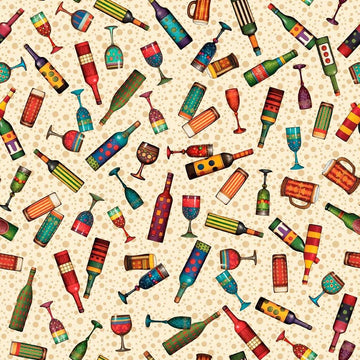 Image of Christmas Party Animals Drink Toss Cream quilting cotton fabric by Morris Creative Group for QT Fabrics. Features bottles on a cream background. Cute Little Fabric Shop.