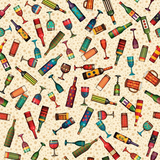 Image of Christmas Party Animals Drink Toss Cream quilting cotton fabric by Morris Creative Group for QT Fabrics. Features bottles on a cream background. Cute Little Fabric Shop.