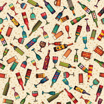 Image of Christmas Party Animals Drink Toss Cream quilting cotton fabric by Morris Creative Group for QT Fabrics. Features bottles on a cream background. Cute Little Fabric Shop.