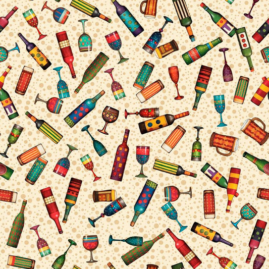Image of Christmas Party Animals Drink Toss Cream quilting cotton fabric by Morris Creative Group for QT Fabrics. Features bottles on a cream background. Cute Little Fabric Shop.