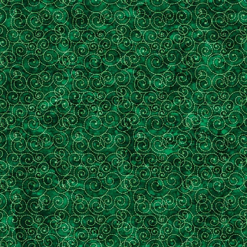Image of Christmas Party Animals Scroll Evergreen quilting cotton fabric by Morris Creative Group for QT Fabrics. Features spirals on a green background. Cute Little Fabric Shop.