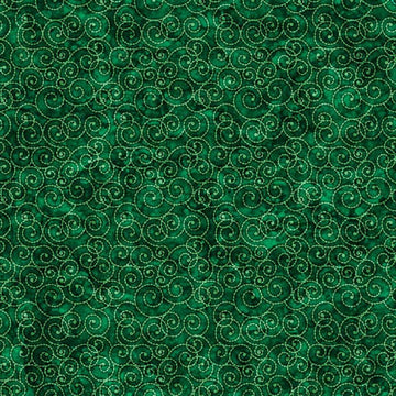 Image of Christmas Party Animals Scroll Evergreen quilting cotton fabric by Morris Creative Group for QT Fabrics. Features spirals on a green background. Cute Little Fabric Shop.