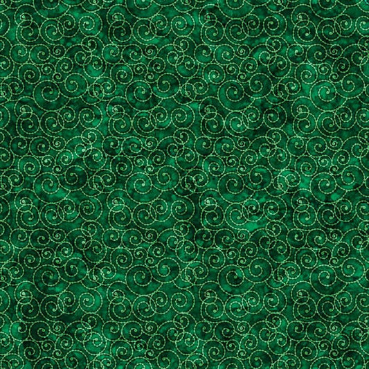 Image of Christmas Party Animals Scroll Evergreen quilting cotton fabric by Morris Creative Group for QT Fabrics. Features spirals on a green background. Cute Little Fabric Shop.