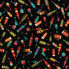 Image of Christmas Party Animals Drink Toss Black quilting cotton fabric by Morris Creative Group for QT Fabrics. Features bottles on a black background. Cute Little Fabric Shop.