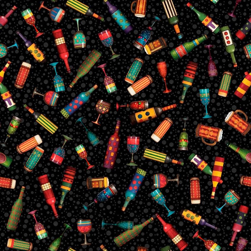 Image of Christmas Party Animals Drink Toss Black quilting cotton fabric by Morris Creative Group for QT Fabrics. Features bottles on a black background. Cute Little Fabric Shop.