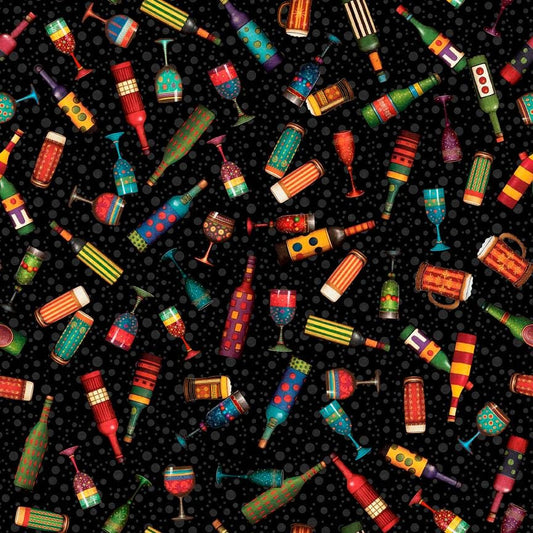 Image of Christmas Party Animals Drink Toss Black quilting cotton fabric by Morris Creative Group for QT Fabrics. Features bottles on a black background. Cute Little Fabric Shop.