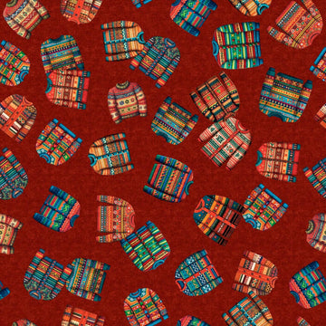 Image of Christmas Party Animals Sweater Toss Brick quilting cotton fabric by Morris Creative Group for QT Fabrics. Features sweaters on a red background. Cute Little Fabric Shop.