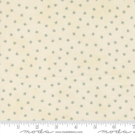 Image of Breathtaking Blues Tiny Leaf Porcelain quilting cotton fabric by 3 Sisters for Moda Fabrics. Features leaves on a cream background. Cute Little Fabric Shop.