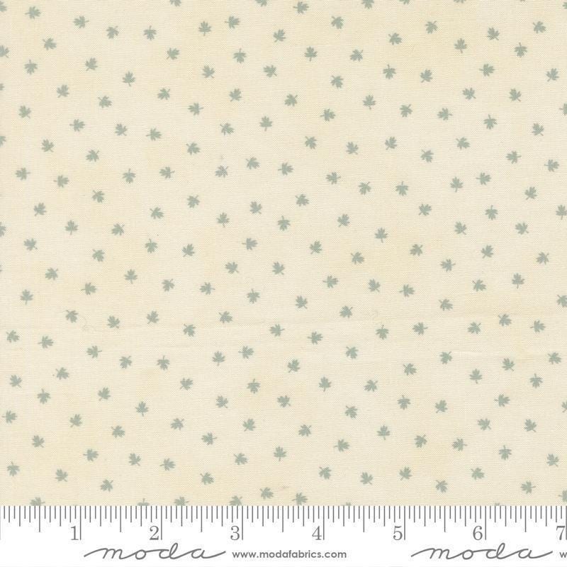 Image of Breathtaking Blues Tiny Leaf Porcelain quilting cotton fabric by 3 Sisters for Moda Fabrics. Features leaves on a cream background. Cute Little Fabric Shop.