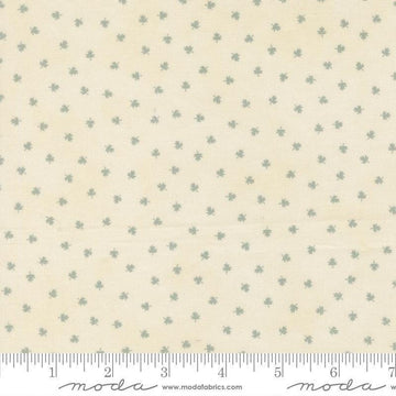 Image of Breathtaking Blues Tiny Leaf Porcelain quilting cotton fabric by 3 Sisters for Moda Fabrics. Features leaves on a cream background. Cute Little Fabric Shop.