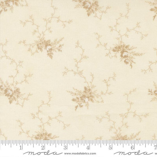 Image of Breathtaking Blues Rose Garden Porcelain Ecru quilting cotton fabric by 3 Sisters for Moda Fabrics. Features flowers on a cream background. Cute Little Fabric Shop.