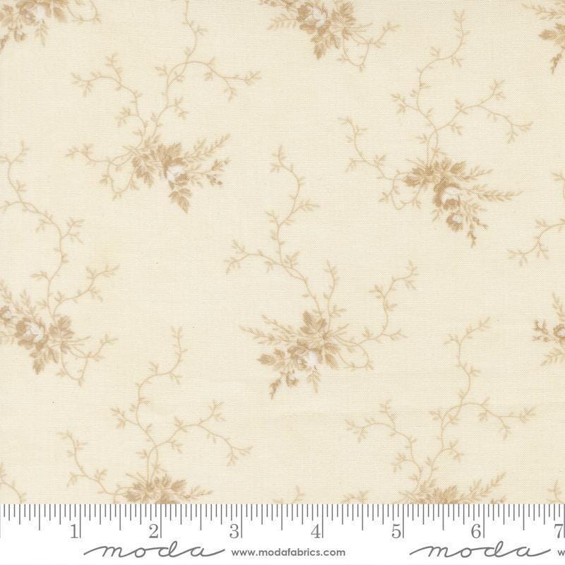 Image of Breathtaking Blues Rose Garden Porcelain Ecru quilting cotton fabric by 3 Sisters for Moda Fabrics. Features flowers on a cream background. Cute Little Fabric Shop.