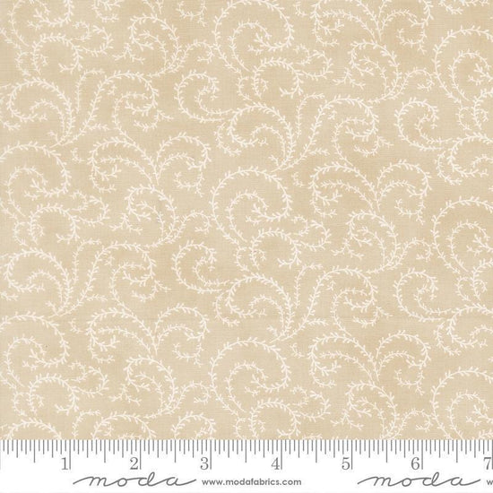 Image of Breathtaking Blues Vine Ecru quilting cotton fabric by 3 Sisters for Moda Fabrics. Features leaves on a beige background. Cute Little Fabric Shop.