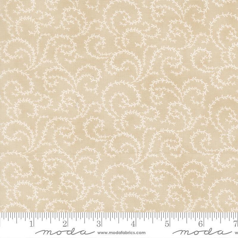 Image of Breathtaking Blues Vine Ecru quilting cotton fabric by 3 Sisters for Moda Fabrics. Features leaves on a beige background. Cute Little Fabric Shop.