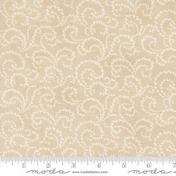 Image of Breathtaking Blues Vine Ecru quilting cotton fabric by 3 Sisters for Moda Fabrics. Features leaves on a beige background. Cute Little Fabric Shop.