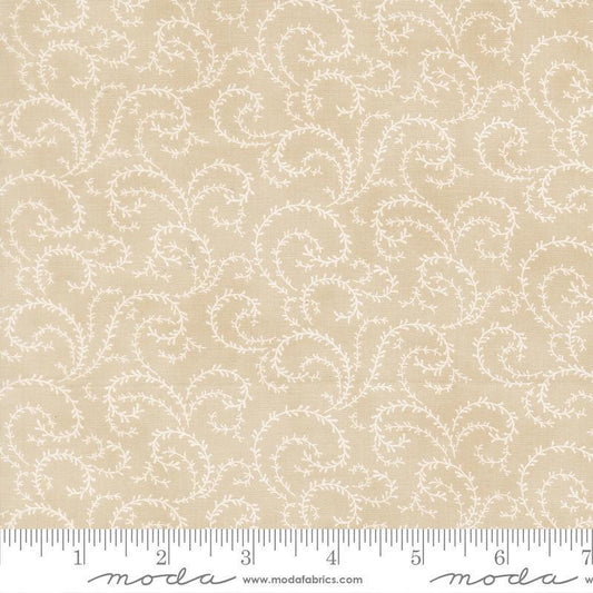 Image of Breathtaking Blues Vine Ecru quilting cotton fabric by 3 Sisters for Moda Fabrics. Features leaves on a beige background. Cute Little Fabric Shop.