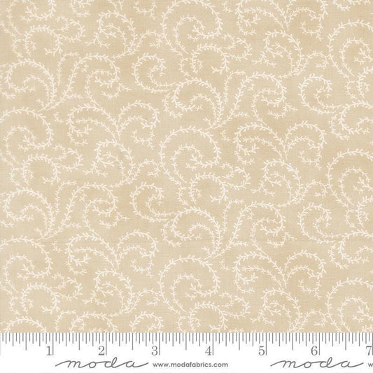 Image of Breathtaking Blues Vine Ecru quilting cotton fabric by 3 Sisters for Moda Fabrics. Features leaves on a beige background. Cute Little Fabric Shop.