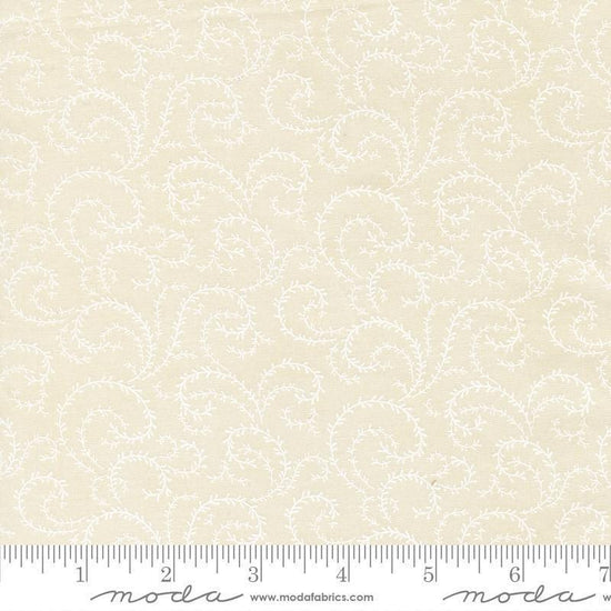 Image of Breathtaking Blues Vine Porcelain White quilting cotton fabric by 3 Sisters for Moda Fabrics. Features leaves on a cream background. Cute Little Fabric Shop.