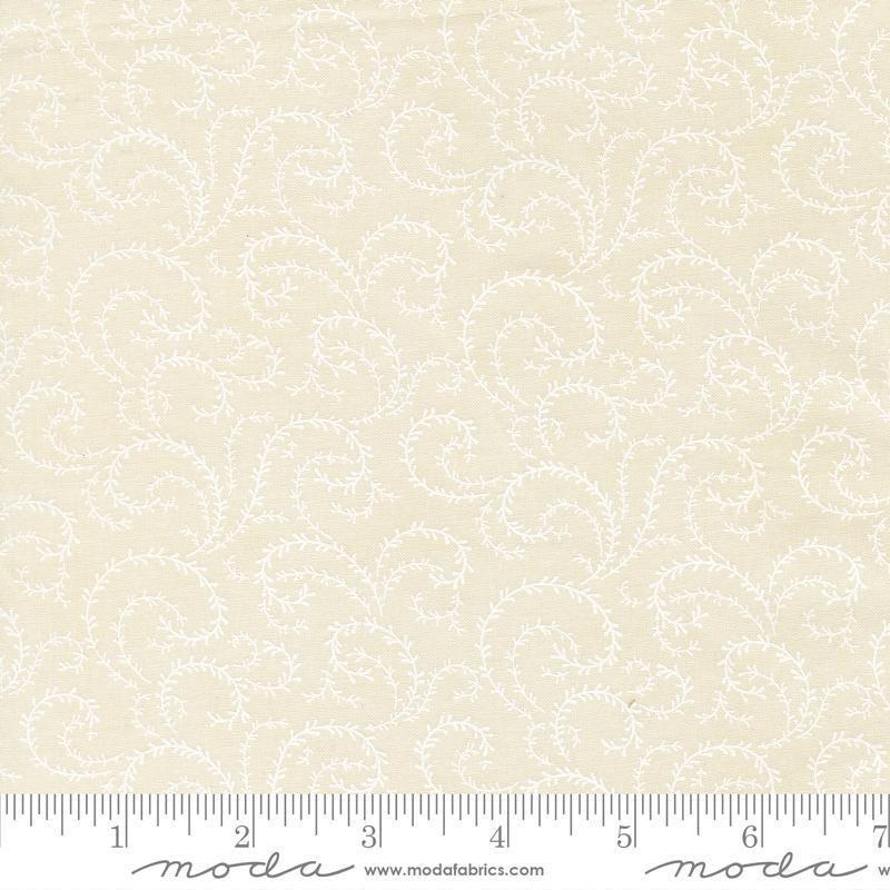 Image of Breathtaking Blues Vine Porcelain White quilting cotton fabric by 3 Sisters for Moda Fabrics. Features leaves on a cream background. Cute Little Fabric Shop.